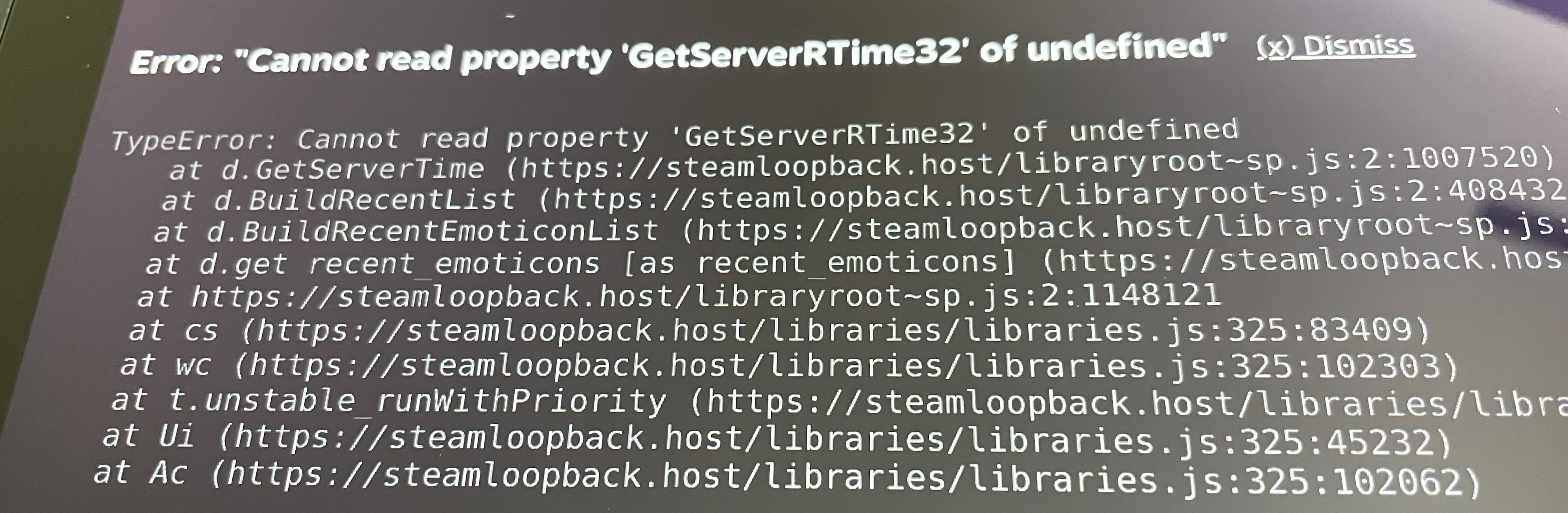 A JavaScript error is shown on the screen: TypeError: Cannot read property 'GetServerRTime32' of undefined